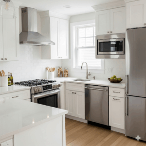 A photo of a compact kitchen space that feels open and airy thanks to bright white kitchen cabinets with stainless appliances and strategically placed stainless steel appliances. 