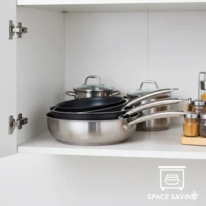 Neatly stacked 10 inch pan in a kitchen cabinet, illustrating efficient storage solutions for popular kitchen cookware.