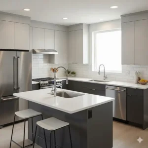 A barndominium kitchen featuring a compact island, which adds both counter space and an informal dining area, perfect for a modern, social kitchen.