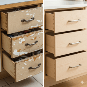 A powerful side-by-side comparison showing old, worn-out drawers next to shiny, new replacement kitchen drawers, illustrating a significant kitchen upgrade.