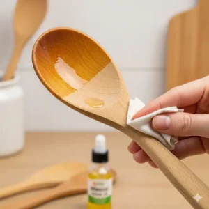 A hand-oiled wooden kitchen spoon, demonstrating the simple maintenance required to keep wood utensils in great condition and prevent them from drying out, ensuring the longevity of your best wood for kitchen utensils.