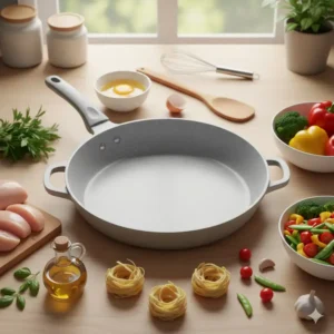 A 14 inch ceramic skillet surrounded by fresh ingredients, suggesting its versatility for a wide range of recipes from frying to searing.