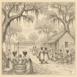 A general scene illustrating daily life on the plantation as portrayed in the kitchen house book.
