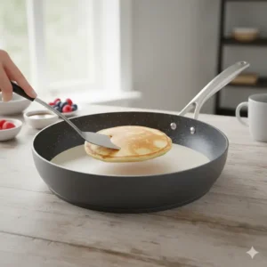 The 12 inch fry pan shown with its matching vented, tempered glass lid.