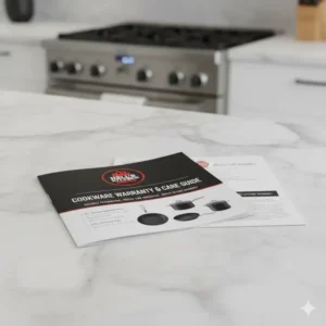 An image of the warranty and care instructions booklet included with Hell's Kitchen cookware sets. 