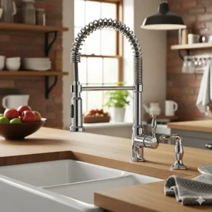 An industrial farmhouse kitchen faucet with a spring-spout design and chrome finish, adding a professional, chef-inspired touch to a rustic kitchen.