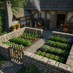 A view of a small garden plot adjacent to a medieval kitchen, where fresh herbs and vegetables were grown.