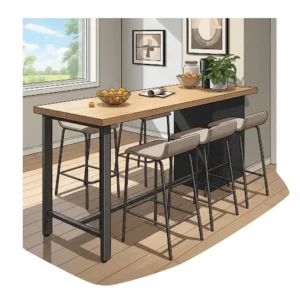 A bar-height kitchen island table with legs, providing a raised dining area for comfortable seating on bar stools.