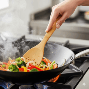 An entire set of non-toxic kitchen utensils laid out on a clean white countertop.