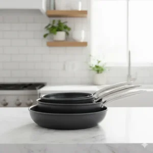 A neatly stacked set of nonstick fry pans, highlighting their space-saving design for convenient kitchen storage.
