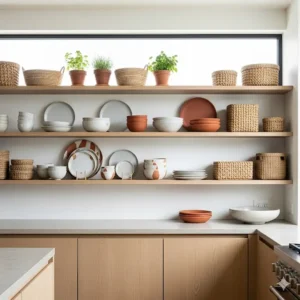 Open shelving in a natural kitchen, displaying ceramic dishes and woven baskets, enhancing the minimalist and organic feel.