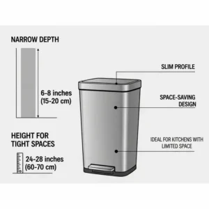 An infographic detailing the key kitchen trash can dimensions of a slim can, including its narrow depth and height for tight spaces.