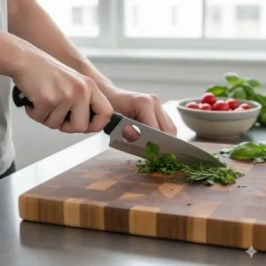 A Spyderco kitchen knives Santoku knife in action, rapidly chopping fresh herbs on a cutting board with a distinct rocking motion, emphasizing its versatility and ease of use.