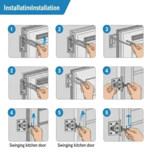 A step-by-step diagram showing the proper installation of a swinging kitchen door.