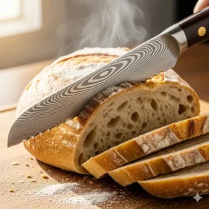 A serrated damascus bread knife smoothly slicing through a loaf of crusty sourdough bread