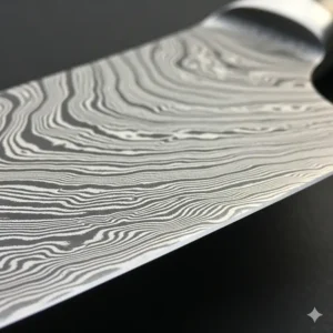 Close-up of a stunning damascus chef's knife blade, highlighting its unique wavy pattern and sharp edge