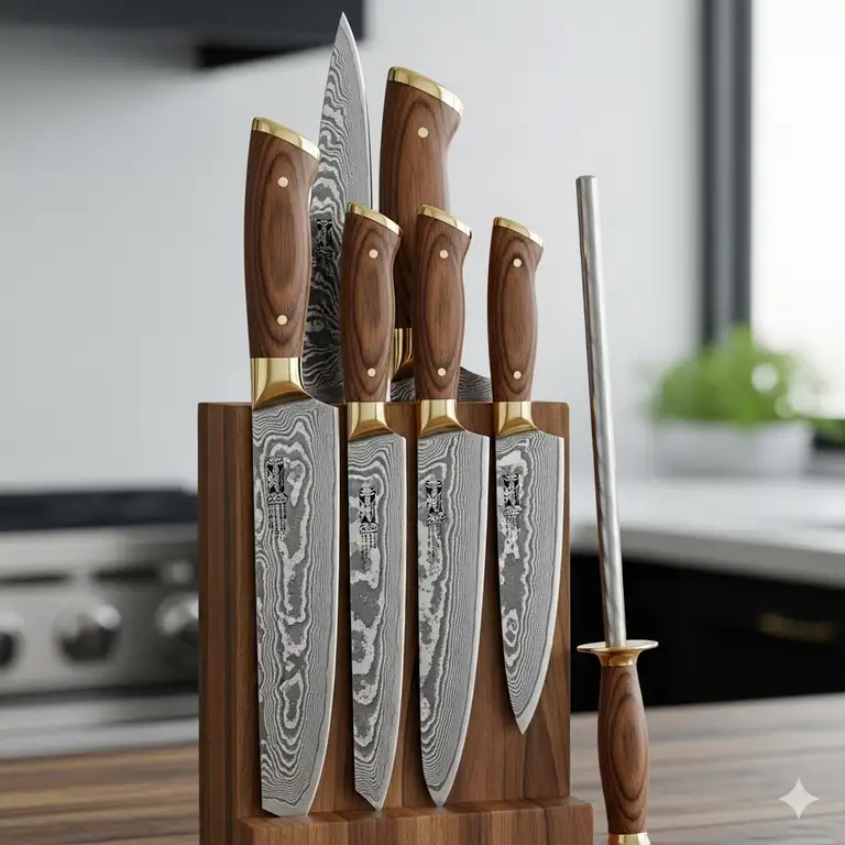 A complete professional damascus kitchen knife set featuring a chef's knife, a bread knife, a paring knife, and a utility knife, all with beautiful pattern-welded steel blades, displayed in a high-quality wooden knife block on a kitchen counter.