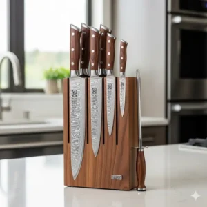 An attractive wooden knife block holding a full damascus kitchen knife set, perfect for safe storage and display on a kitchen countertop.