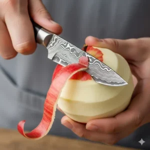 A small damascus paring knife being used to meticulously peel an apple, showing its precision and control
