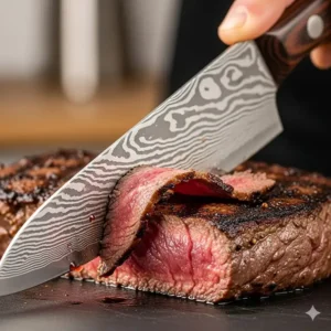 A sharp damascus kitchen knife effortlessly slicing a piece of cooked meat, demonstrating its superior cutting performance and sharpness.