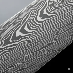 A very detailed, macro shot of the intricate pattern on a damascus steel knife blade