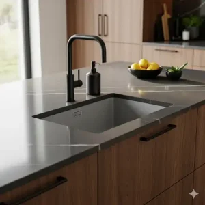 Close-up of a kitchen island with dark wood kitchen cabinets, featuring a smooth, integrated sink and sleek, black hardware.
