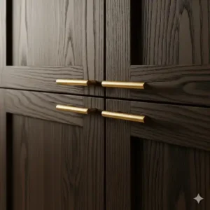 Detail shot showing the beautiful grain of dark wood kitchen cabinets paired with minimalist brass pull handles.