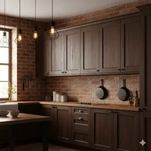 A rustic kitchen with rich, dark wood kitchen cabinets that complement the exposed brick wall and vintage-style lighting.