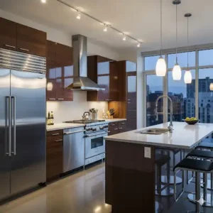 A contemporary kitchen with glossy modern dark wood kitchen cabinets, stainless steel appliances, and a polished concrete floor.