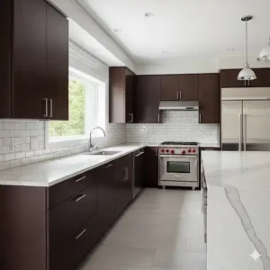 A bright kitchen design that contrasts dark wood kitchen cabinets with a light-colored quartz countertop and white subway tile backsplash.