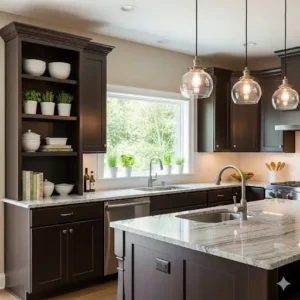 An example of kitchen decor showcasing dark-stained wood kitchen cabinets with a deep, espresso finish and built-in shelving.