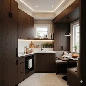 An efficient, small kitchen layout with space-saving dark wood kitchen cabinets that make the room feel cozy and sophisticated.