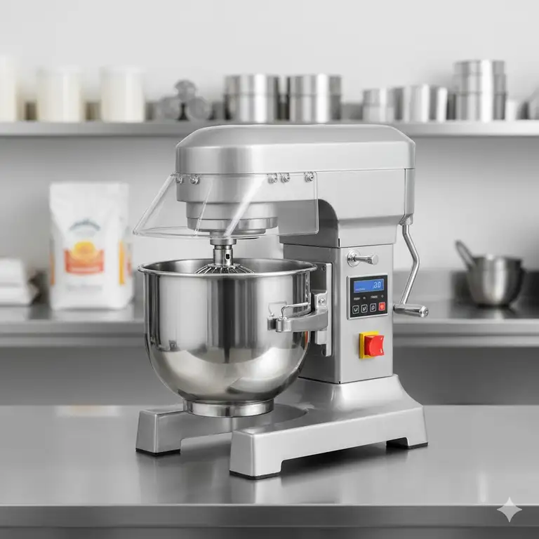 A 20 quart commercial mixer with a stainless steel bowl and safety guard, ideal for a bakery or restaurant.