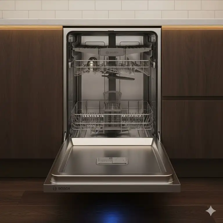 A sleek stainless steel Bosch dishwashers with the door slightly ajar, showcasing the flexible third rack for loading silverware.