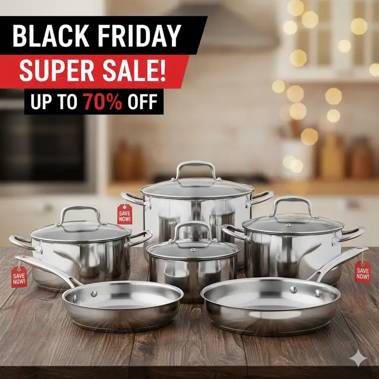 Black Friday stainless steel cookware set in a modern kitchen.