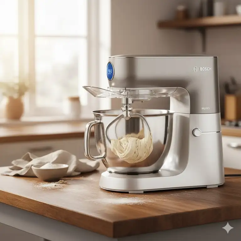 The Bosch mixer MUM5 working hard, effortlessly kneading a batch of sourdough bread dough in a stainless steel bowl.