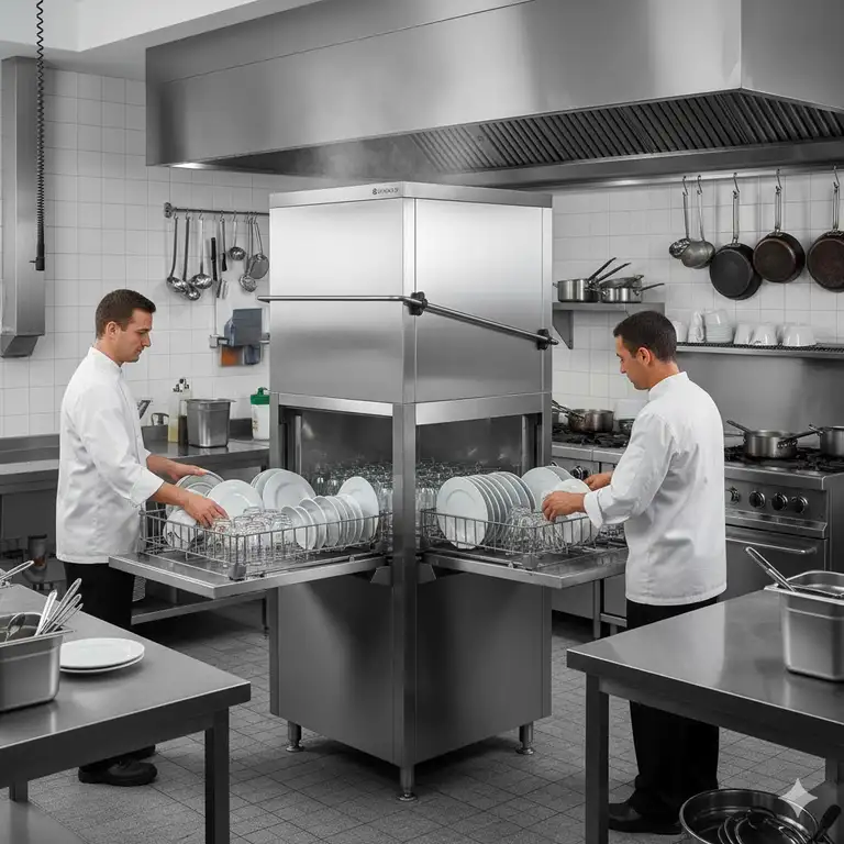 High-capacity commercial dishwasher installation in a busy restaurant kitchen.