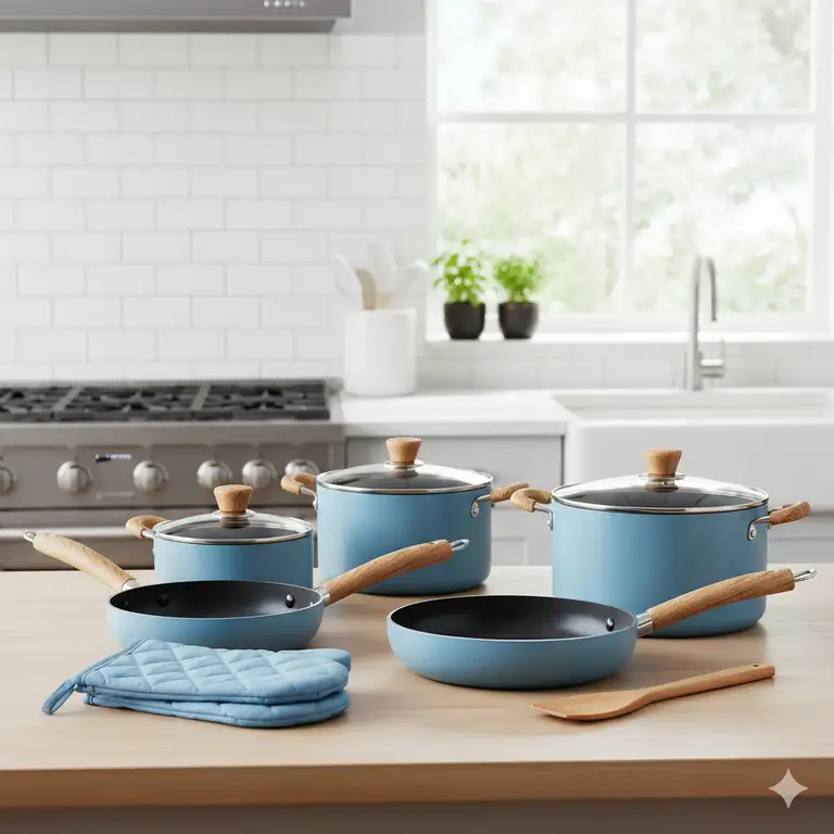 Complete ceramic cookware sets displayed in a modern kitchen setting.
