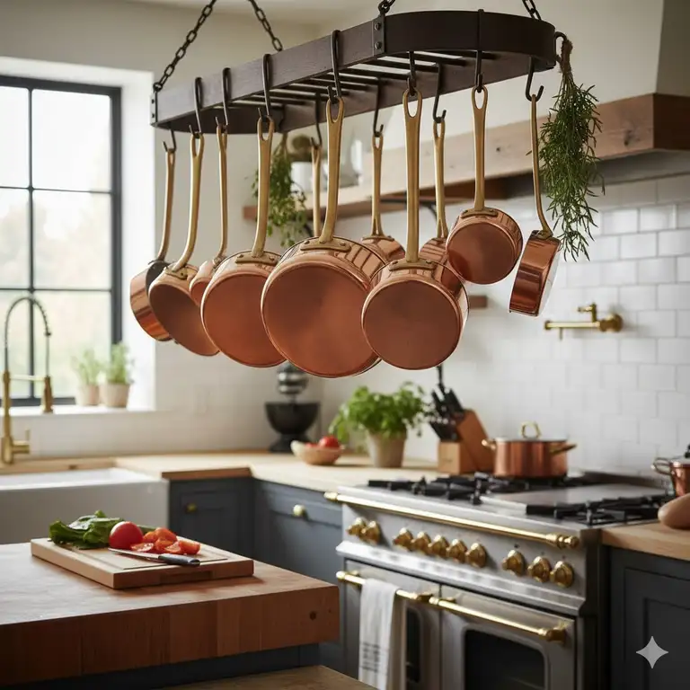 Copper cookware set hanging in a professional, rustic kitchen, showcasing the brilliant finish and sturdy handles.