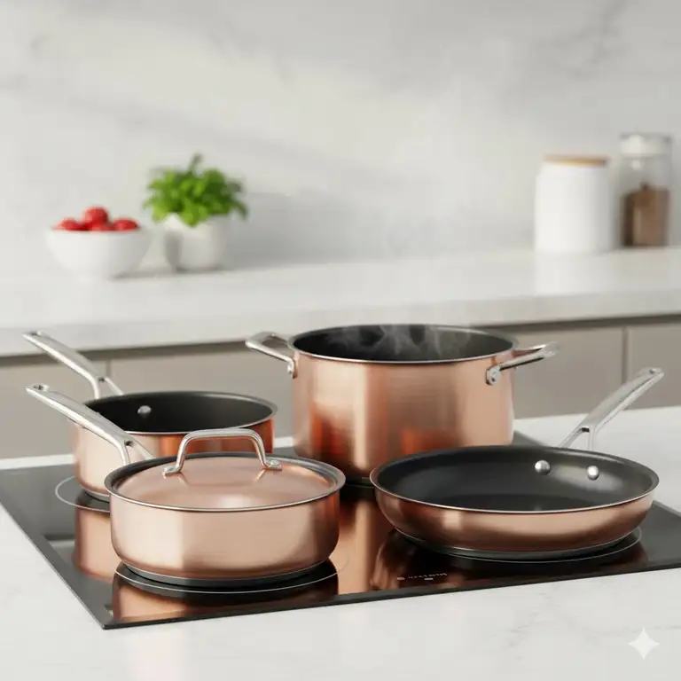 Stunning set of Copper induction pans on a modern stovetop, highlighting their sleek design and compatibility.