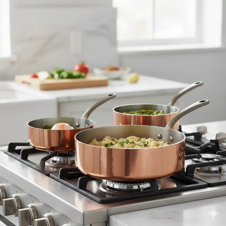 A set of beautiful copper sauce pans on a stove top, highlighting their classic aesthetic and excellent heat responsiveness.