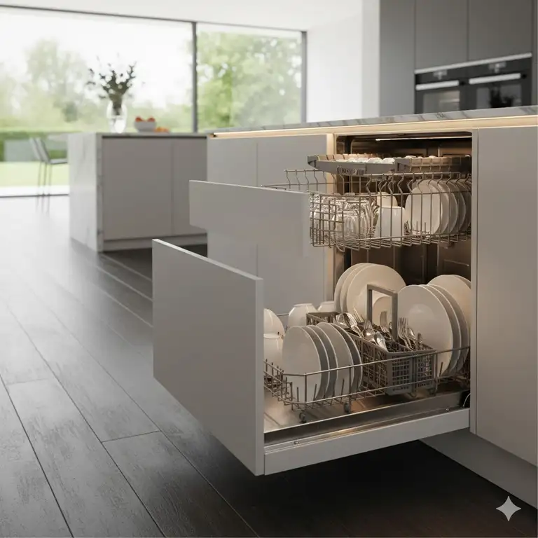 Double drawer dishwashers fully open in a modern kitchen, illustrating its convenience and space-saving design.