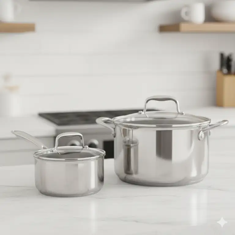 Professional shot of a 3 qt saucepan on a gas stovetop, made from polished stainless steel.