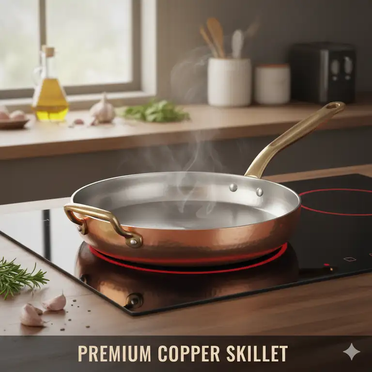 A beautiful, gleaming copper skillet pan on a stovetop, ready for cooking.