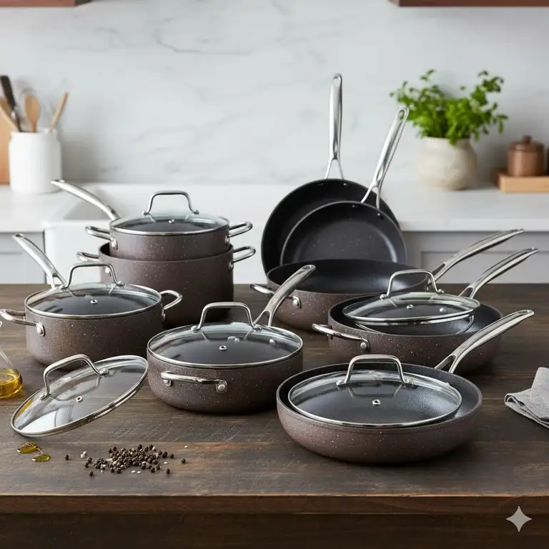 A complete set of Gotham Steel pans & cookware featuring non-stick pots, fry pans, and glass lids ready for use on a kitchen counter.