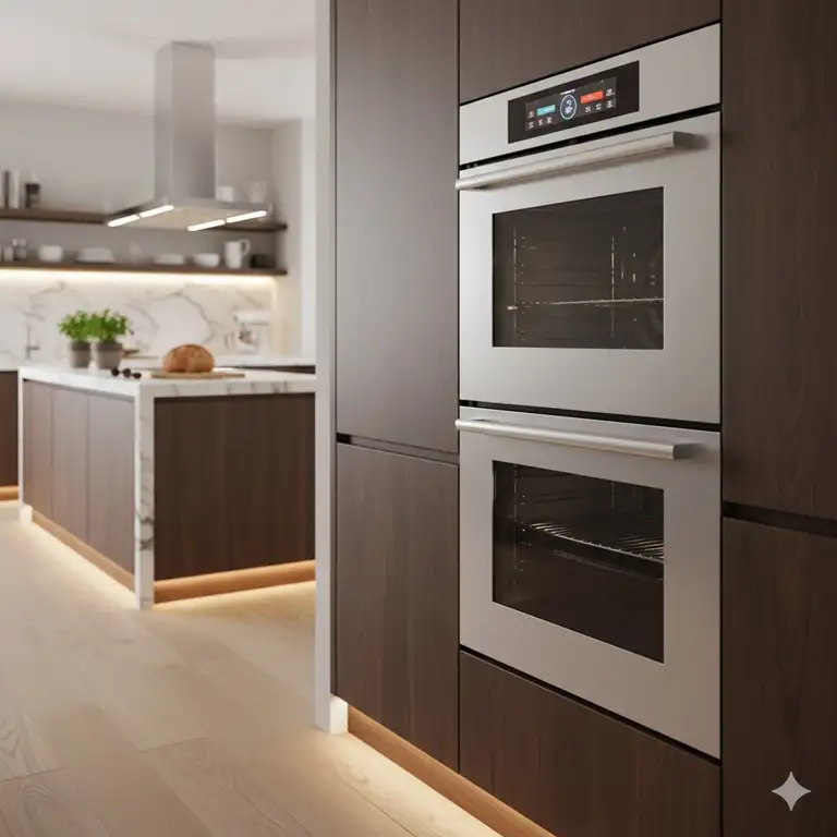 Stunning high end oven with a sleek stainless steel finish integrated into a modern gourmet kitchen design.