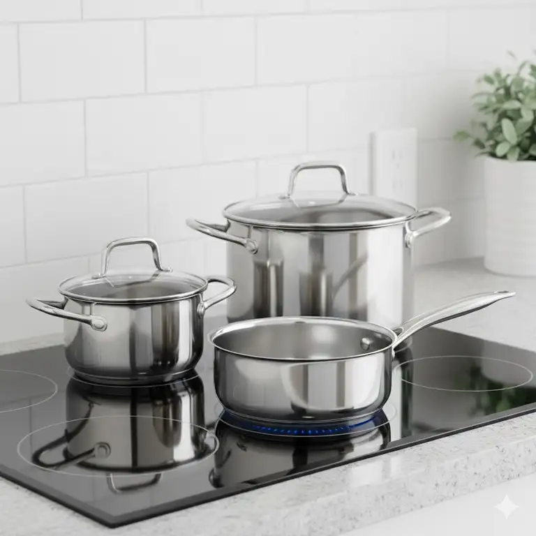 A high-quality stainless steel induction cookware set resting on a modern glass cooktop, highlighting their compatibility.