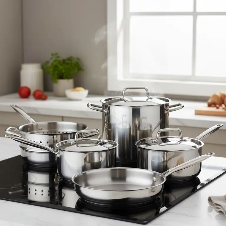 A complete, premium set of Stainless steel cookware sets on a modern stovetop, featuring various pots and pans with shiny, reflective surfaces.