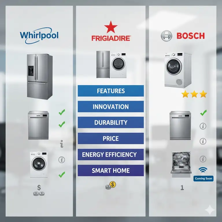 Comprehensive comparison overview for Whirlpool vs Frigidaire vs Bosch comparisons.