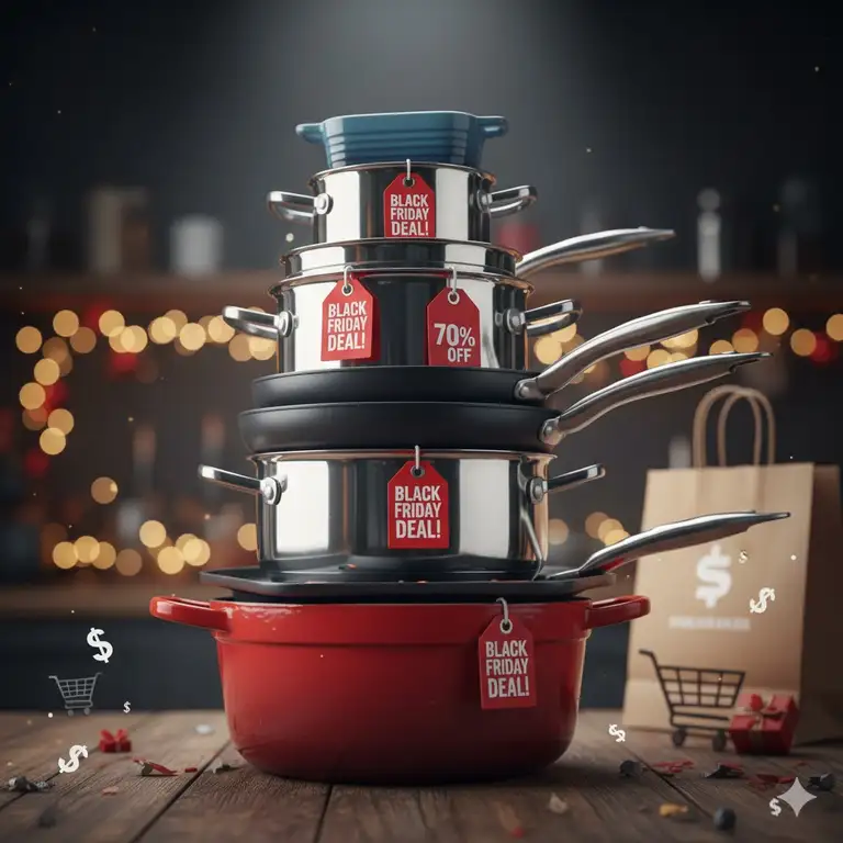 Black Friday cookware deals image showing a stack of discounted non-stick pots and pans.